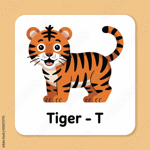 Cute cartoon tiger on a white card with the letter t suitable for early childhood education and alphabet learning for kids.