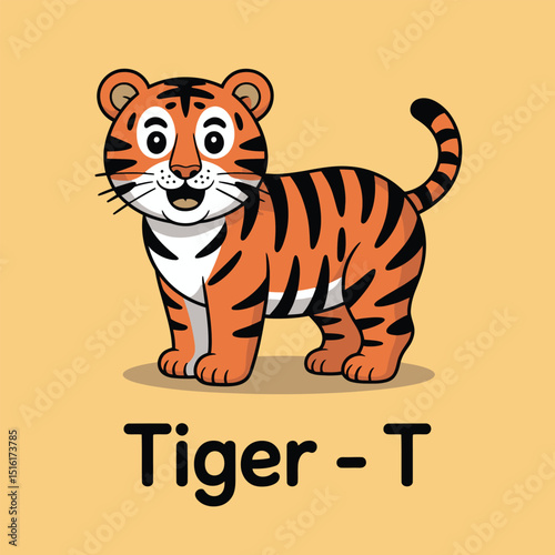 A friendly tiger cartoon illustration in a bright orange and black color scheme with a happy expression ideal for childrens books or educational materials.