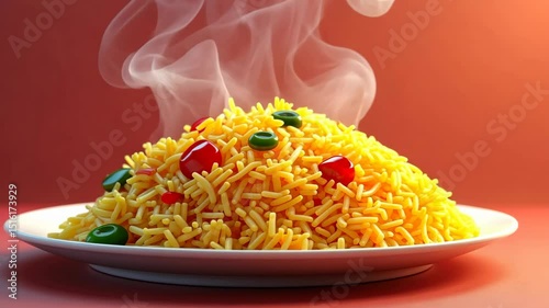 Glossy 3D icon of steaming plate of biryani with aromatic swirls rising above rice in cartoon style. Eid al-Adha, Kurban Bayram, Islamic holiday, sacrifice tradition, family celebration, Muslim feast.