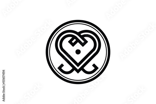 A stylized black and white heart symbol inside a double lined circle
