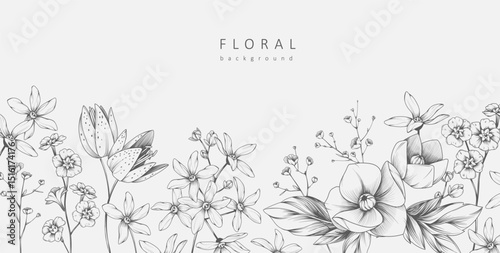 Background with detailed various flowers and foliage, intricate details and delicate forms. Hand drawn vector illustration with elegant botanical elements for invitation, save the date card