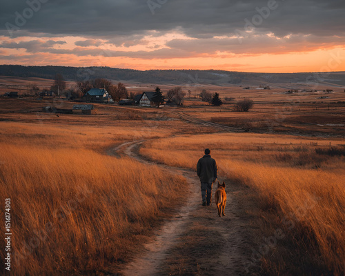 A man walking his dog through a field at dusk, the warm light of sunset casting long shadows as they move together through the quiet countryside.