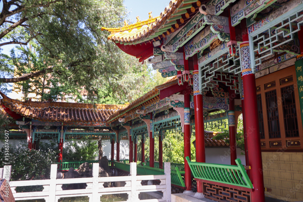 Fototapeta premium A serene Asian garden featuring a peaceful pond, lush greenery, and traditional design elements, evoking calm and reflection.