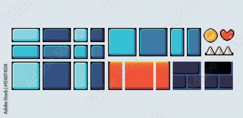  Platformer pixel art square blocks. Ground tiles seamless pattern textures 8 bit platform tiles. Game development, mobile app template. Texture grid vector illustration.