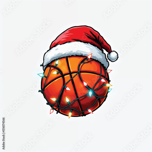 Basketball with santa hat and christmas lights isolated on white background