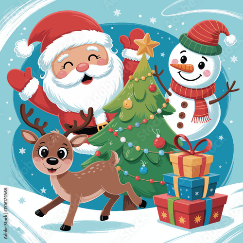 Festive christmas illustration depicting santa claus reindeer snowman christmas tree and presents against a winter backdrop.