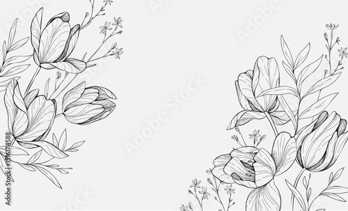 Floral bakground or wallpaper with bouquet of various tulip. Flowers and foliage for wedding invitation or wall art. Vector illustration. Luxury inked
