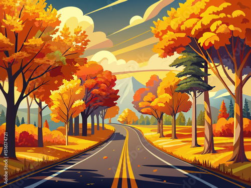 vector of An autumn road with vibrant yellow trees and an incredibly beautiful view...