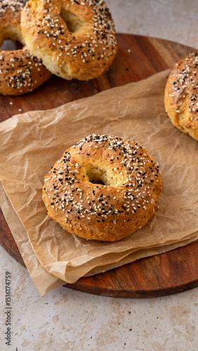 Homemade easy two ingredient bagel with seed seasoning 
