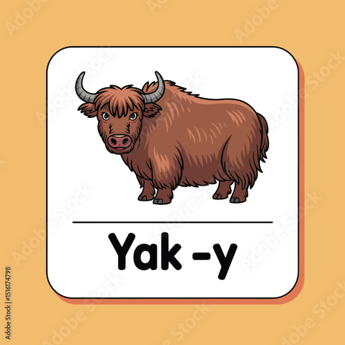 Cartoon illustration of a yak educational card animal, featuring the animal and the spelling of the word yak in a cute drawing style for early learning