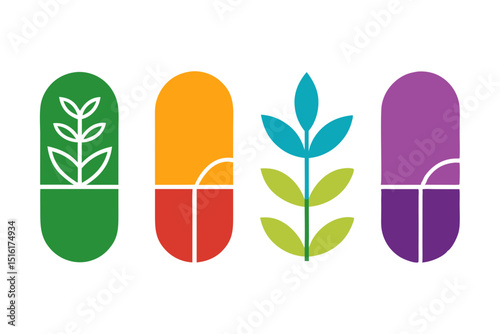 set of Herbal capsule icon vector silhouette illustration isolated on white background