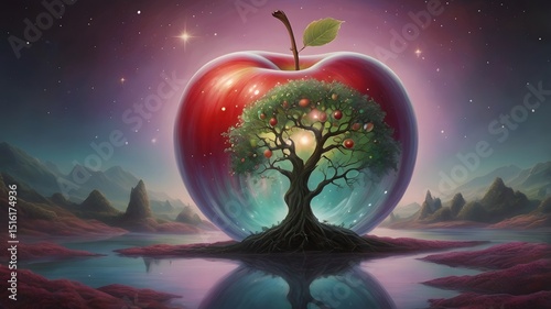 Fantasy tree of life growing from glowing apple in surreal dreamlike landscape