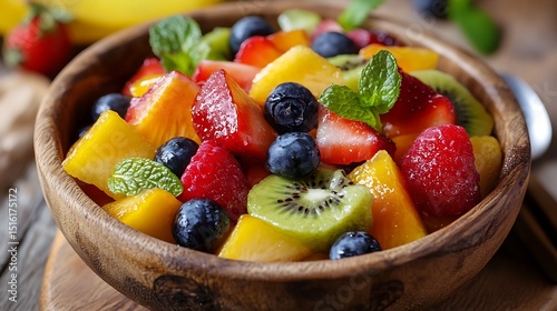 Fresh summer fruit salad showcases strawberries, blueberries, kiwi, pineapple, and mango in a wooden bowl