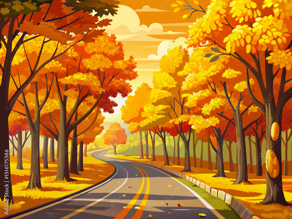vector of An autumn road with vibrant yellow trees and an incredibly beautiful view...