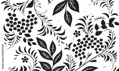 Seamless black floral and berry pattern on white background, featuring stylized leaves and vines in a traditional folk art style."
