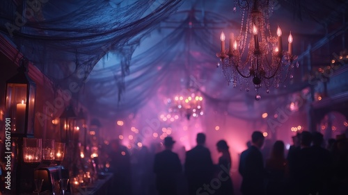 A dimly lit, elegant party with chandeliers, draped fabric, and silhouettes of people mingling in a mysterious, atmospheric setting.
