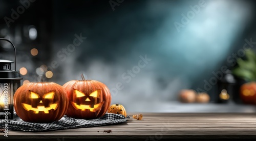 Two glowing jack-o'-lanterns and a lantern sit on a wooden table with a smoky, mysterious Halloween background.