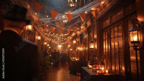A festive, dimly lit hallway decorated with pumpkins, cobwebs, and lights, hosting a Halloween-themed gathering with guests in formal attire.