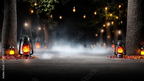 A foggy forest path illuminated by lanterns and hanging lights, with colorful leaves scattered on the ground at night.