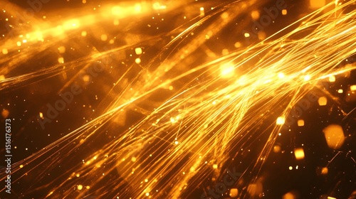Abstract design of golden streaks and particles on a dark background.