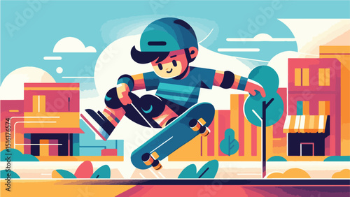 A boy playing skateboarding, he is in mid-air, performing a trick with his skateboard 
