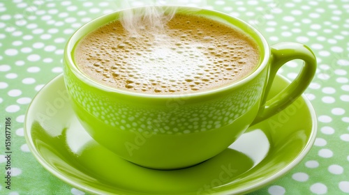 Steaming Hot Coffee in Green Cup on Polka Dot Tablecloth