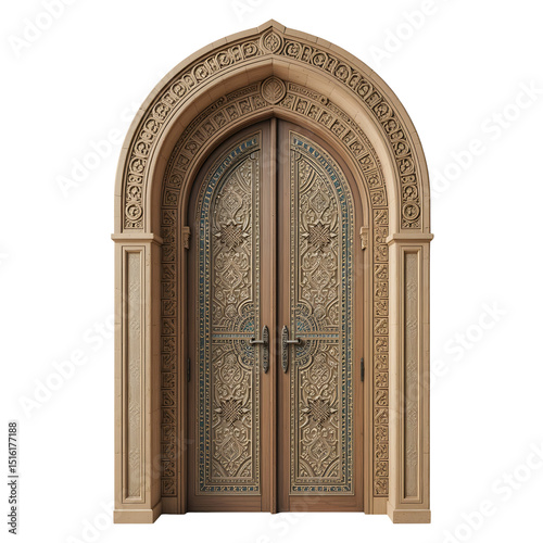 Arabic style arched door with mosaic tiles, intricate carvings, sand-colored wood, isolated on white background
