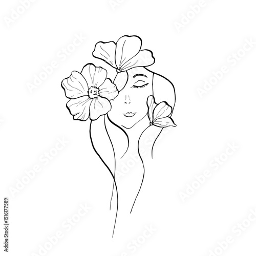 Vector Elegant female face with delicate chrysanthemum, osteospermum, chamomile begonia, aster, eustoma, rosehip. Hand painted linear contour flower. Graphic clipart isolated. Botanical, tattoo and