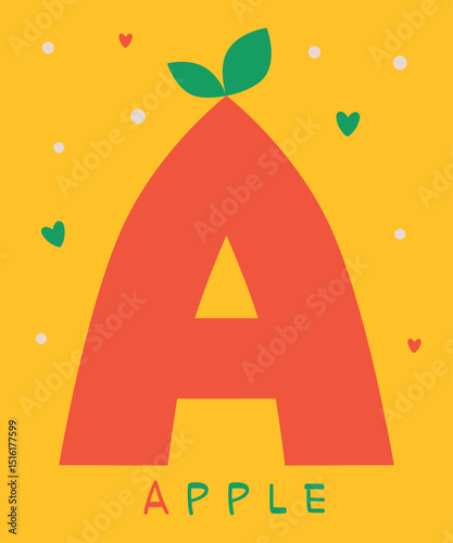 Colorful Alphabet. Vibrant vector illustration of the letter A designed like an apple with leaves, surrounded by playful hearts and dots on a bright yellow background, ideal for educational content