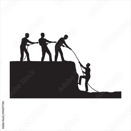 Three climbers help a friend up. Teamwork of male
