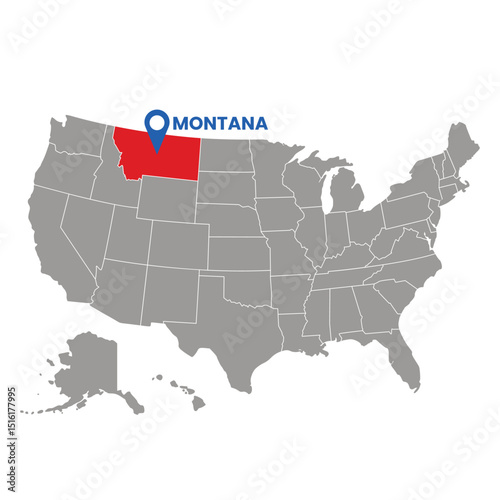 Isolated map of the United States showing Montana highlighted in red with a location pin; suitable for geography or travel themes.