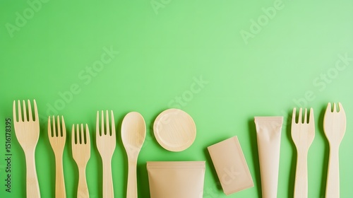 Eco Friendly Wooden Cutlery Set on Green Background