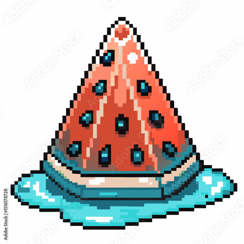 Pixel art watermelon slice on blue plate retro digital fruit illustration, vibrant colors, summer theme