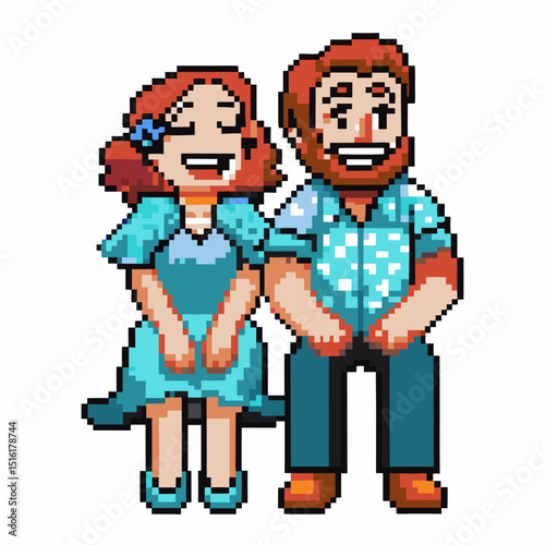 pixel art couple smiling retro characters, joy and happiness