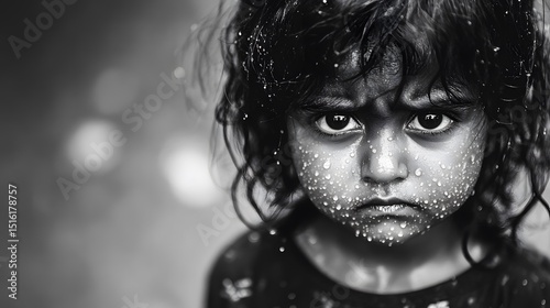 Portrait of a Sweaty Child Girl Black and White Photo