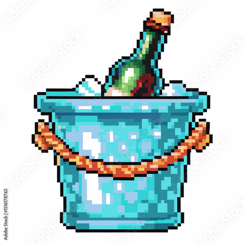 retro pixel art of a champagne bottle in an ice bucket, vintage digital