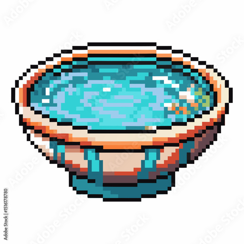 Pixel art water fountain retro gaming style, decorative pool, vintage digital design