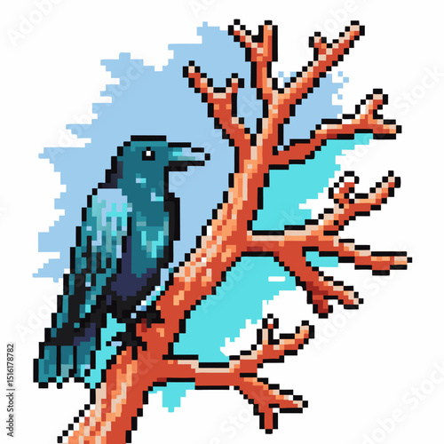 pixel art crow perched on branch against blue sky retro digital illustration of bird, nature, and wildlife aesthetics