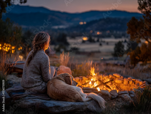 A woman sitting by a fire pit with her dog curled up at her feet, the glowing fire casting warm light on their tranquil companionship under the stars.