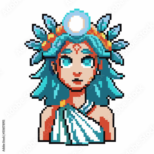 Pixel art deity with blue hair and luminous orb crown in mythical