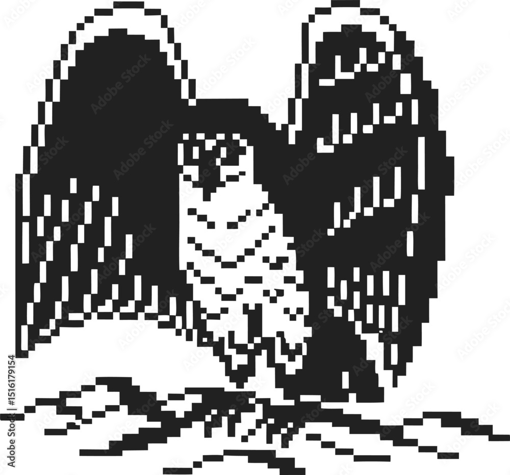 Obraz premium Pixel art eagle with open wings, retro digital style, black and white symbolism