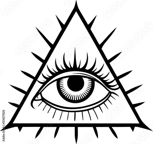 Mystical all seeing eye in triangle with sunburst rays symbolizing awareness and enlightenment