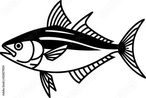stylized black and white tuna fish illustration aquatic sea life, marine biology, ocean wildlife, graphic design element