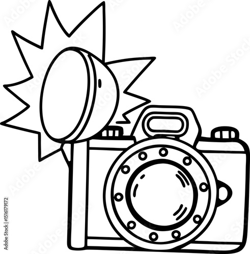 vintage camera with flash illustration classic equipment, lens, and external flash design