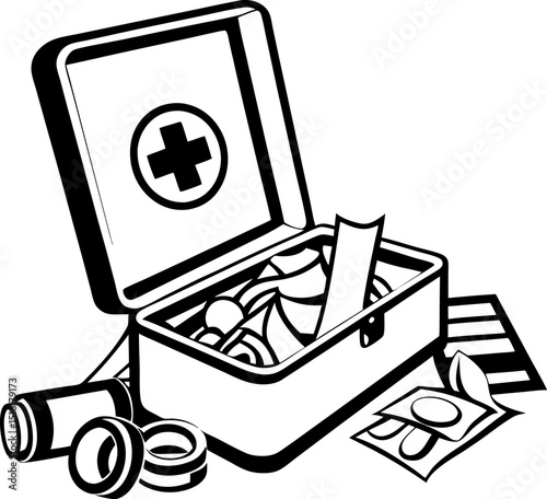 first aid kit open with medical supplies emergency care essentials, healthcare safety concept, monochrome illustration