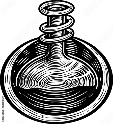 vintage potion bottle with spiral neck, black and white illustration alchemy, magic, esoteric art design