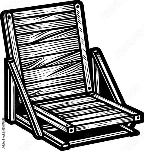 Vintage wooden deck chair illustration, classic outdoor furniture design, black and white retro