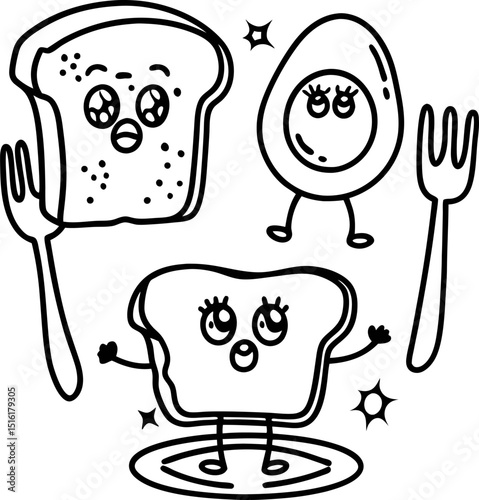 Smiling toast and egg with forks, whimsical breakfast characters