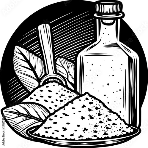 Black and white sketch of salt bottle, scoop with grains culinary seasoning, organic spice, flavoring
