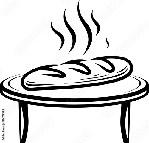 Freshly baked bread line art steaming loaf on table, minimal black and white illustration of bakery theme